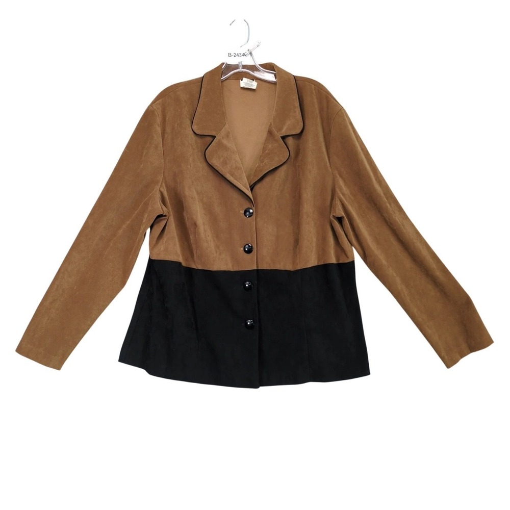 Vtg 90s All That Jazz Brown Black Faux Suede Blazer Jacket Womens 18 Colorblock